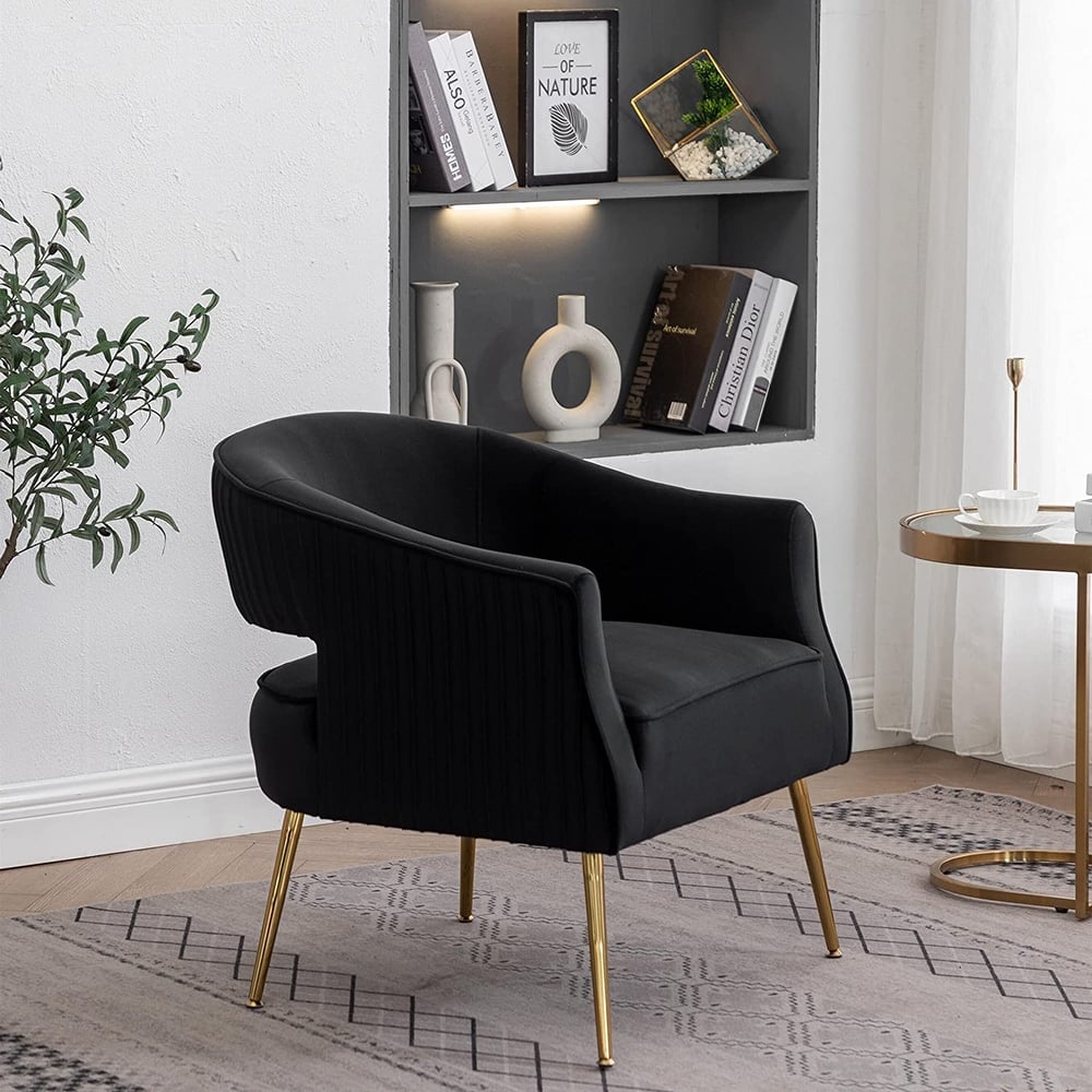 Modern Velvet Accent Arm Vanity Chair with Wingback and Gold Legs for Living Room