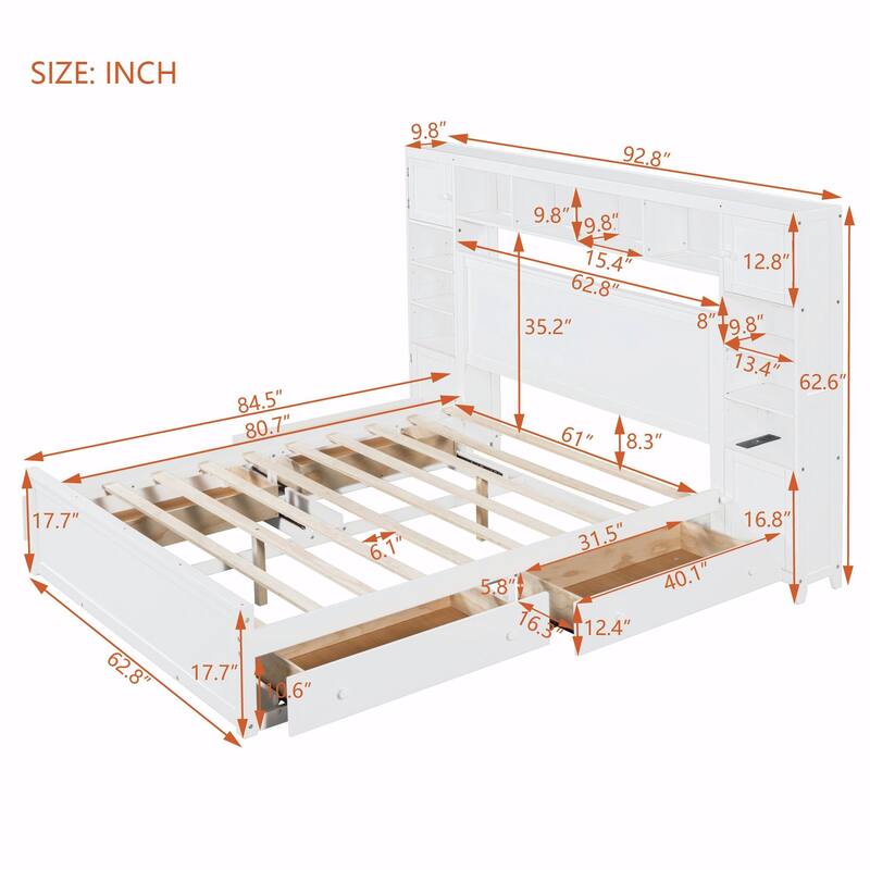 Wooden Bed with Built-in Cabinet, Shelf, and Sockets
