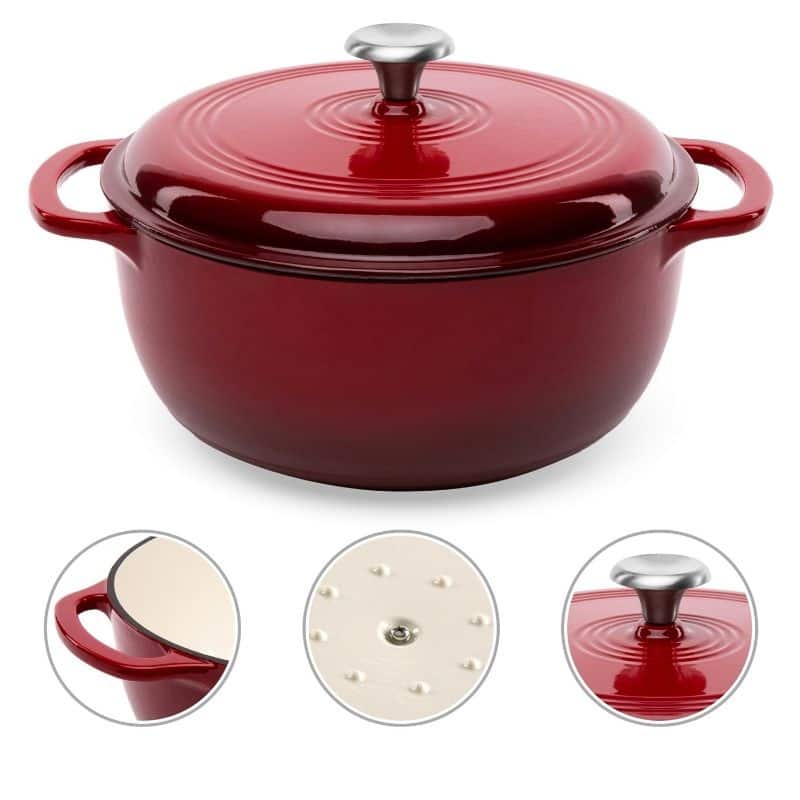6 Quart Large Red Enamel Cast-Iron Dutch Oven Kitchen Cookware - 14"L x 11.25"W x 7.5"H