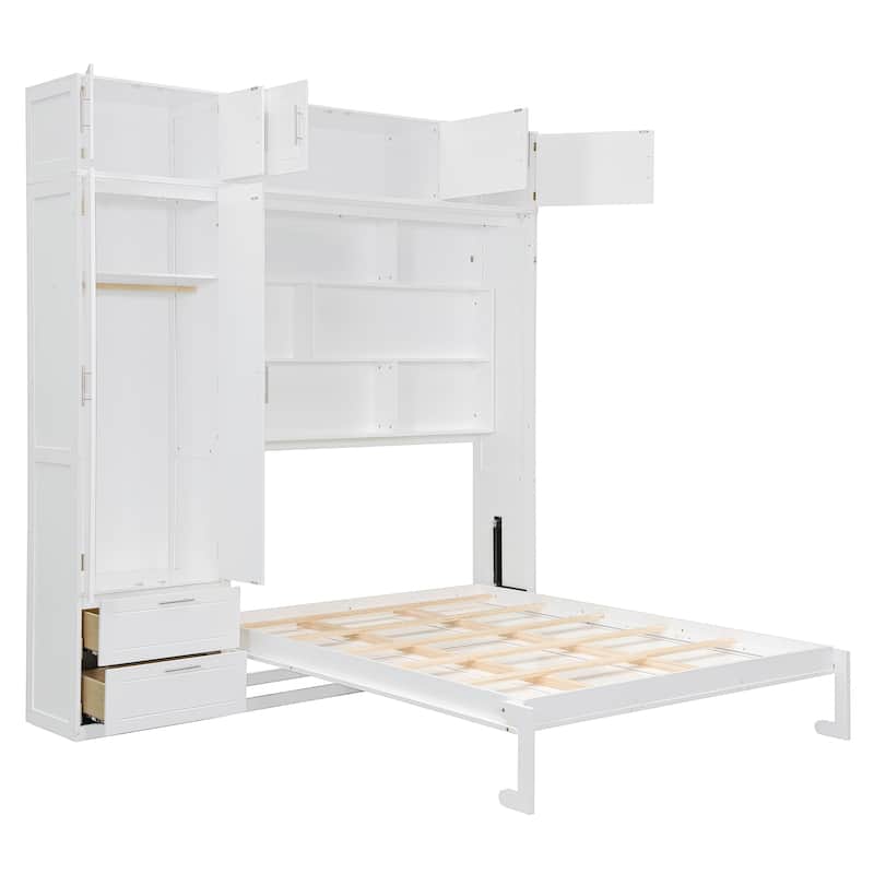 Queen Size Wall Murphy Bed with Top Cabinet, Shelves, and Side Wardrobe