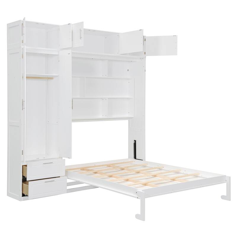 Roomfitters Queen Murphy Wall Bed with Top Cabinet, Wardrobe and Storage Drawers, Integrated Shelves