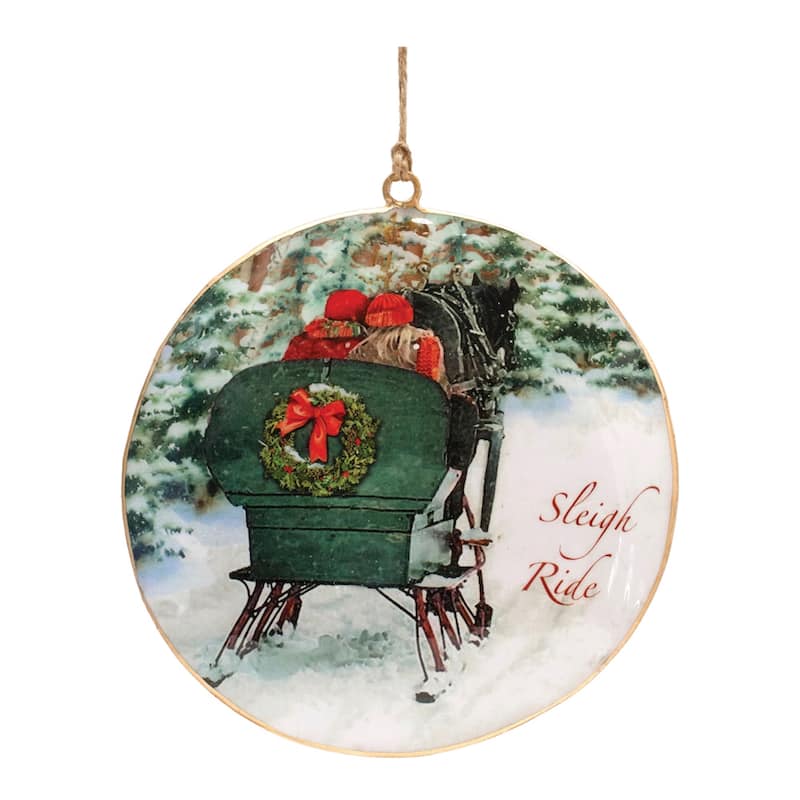 "Sleigh Ride" Couple Christmas Disc Ornaments - 6" - Green and White - 6ct