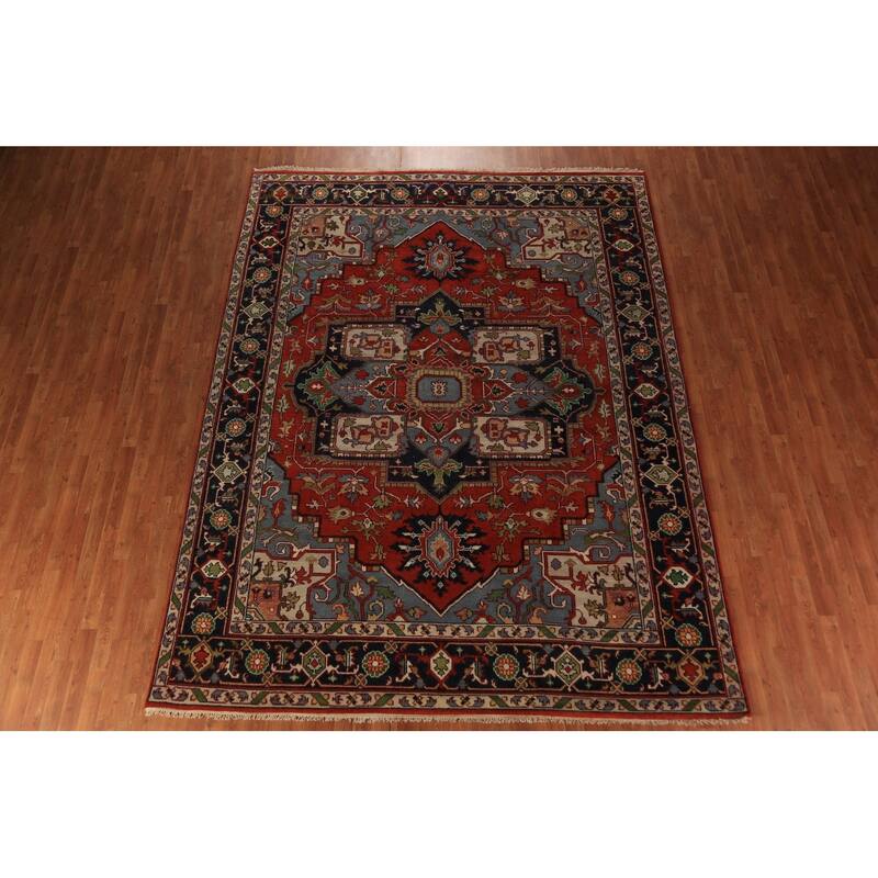 Orange Medallion Heriz Serapi Indian Rug Hand-Knotted Wool Carpet - 8'11"x 11'7"