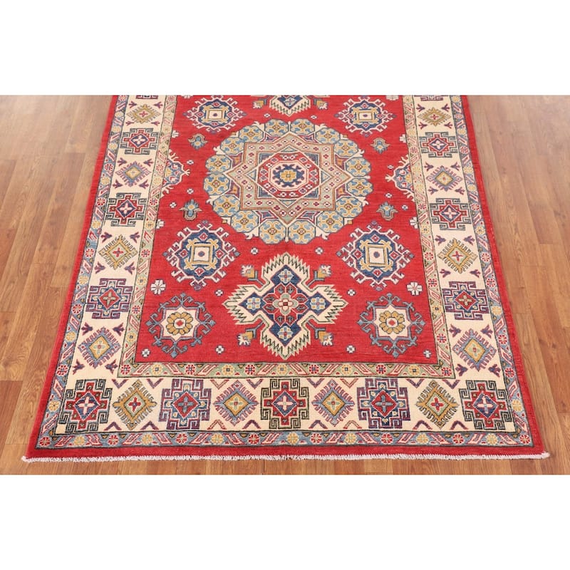 Geometric Kazak Oriental Area Rug Handmade Red Wool Carpet - 4'11" x 7'1"