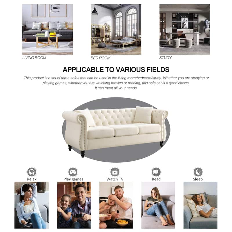 3-Seater Chesterfield Upholstered Tufted Sofa with Rolled Arms and Nailhead