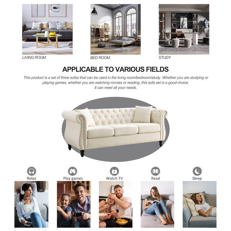 Classic 3-Seat Chesterfield Sofa with Solid Wood Frame & Plush Foam - Stylish Loveseat