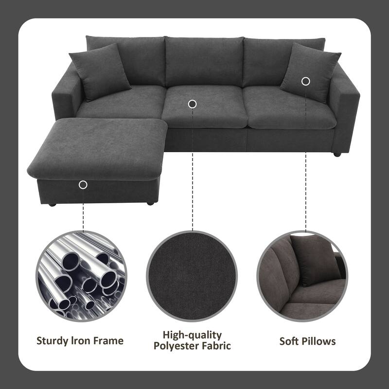 Grey 100.4'' Polyester L-Shaped 4-Seat Sectional Sofa Couch with Convertible Ottoman and 2 Pillows, Contemporary Design