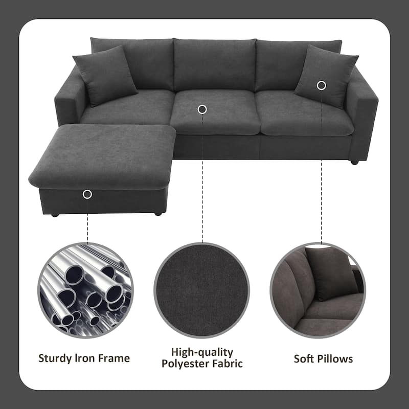 L-shaped Modern Sectional Sofa, 2 Free pillows,4-seat Polyester Fabric Couch Set,Ottoman,Dawn Grey