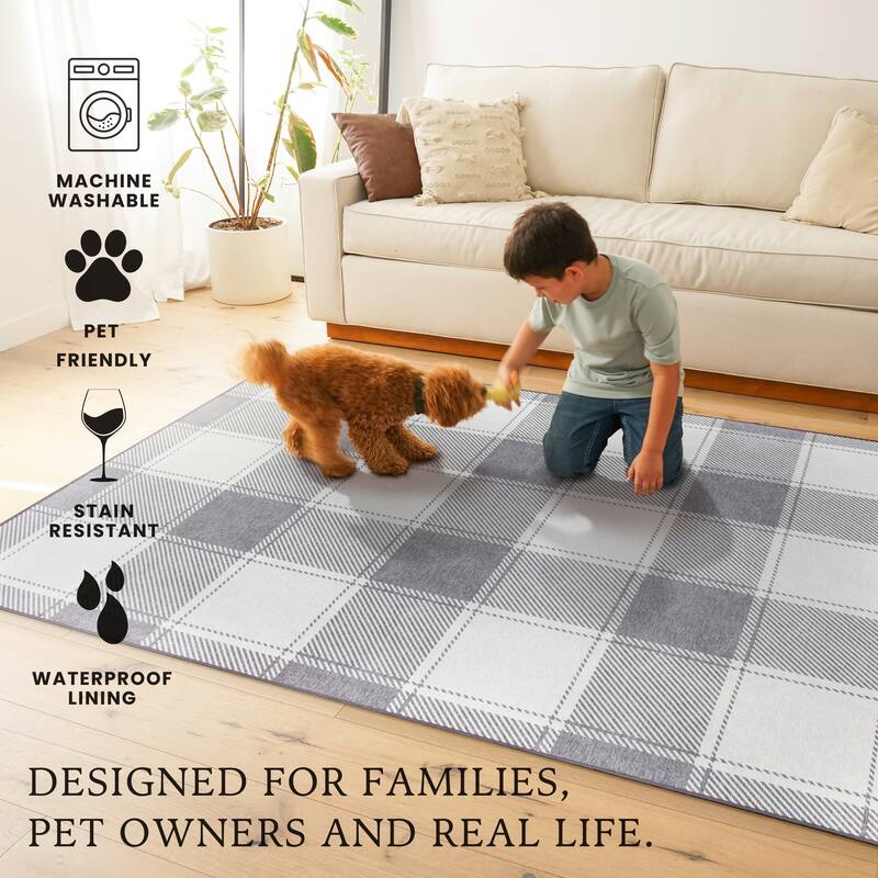 My Magic Carpet Machine Washable Area Rug Buffalo Plaid Grey And White