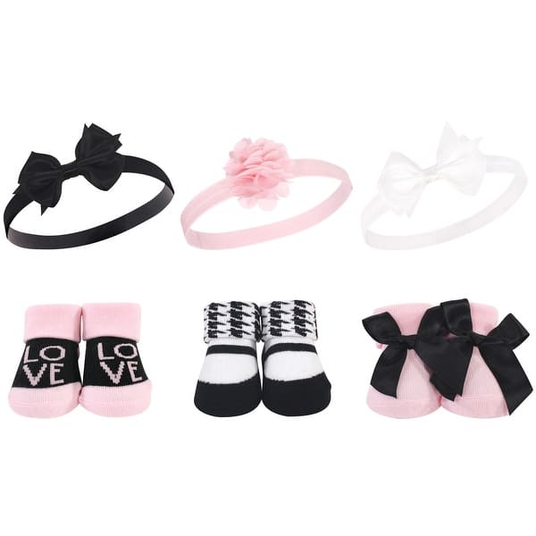slide 1 of 1, Hudson Baby Infant Girl Headband and Socks Giftset 6pc, Pink Black Love, One Size - Pink Black Love 6-Pack Pink Black Love 6-Pack - One Size
