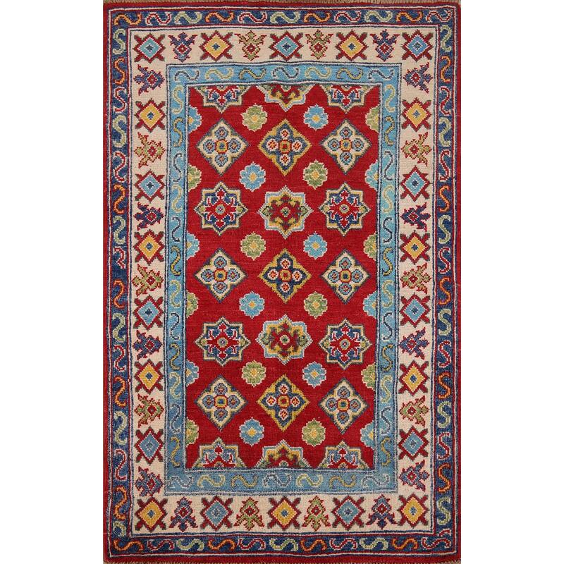 Kazak Accent Rug Hand-Knotted Geometric Red Wool Carpet - 2'8" x 4'1"