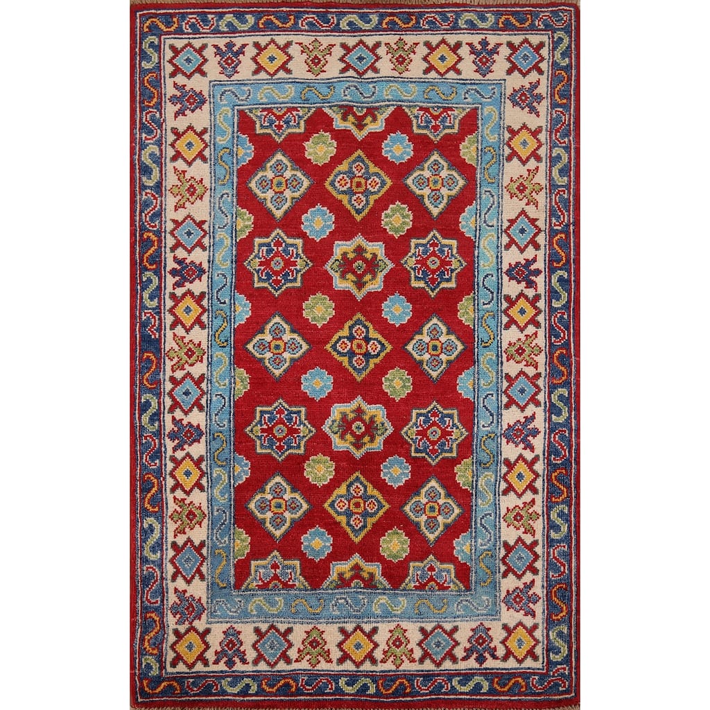 Kazak Accent Rug Hand-Knotted Geometric Red Wool Carpet - 2'8" x 4'1"
