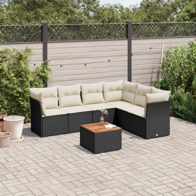 vidaXL Patio Sofa Set with Cushions Outdoor Furniture 7 Piece Poly Rattan - 21.7 x 21.7 x 14.6 - Black and Cream-3x corner+table+3x middle