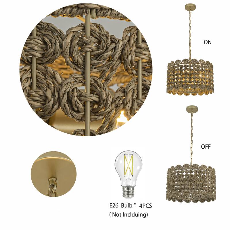 Riva Natural 4-Light Seagrass Scalloped Pendant, Coastal Boho - Handwoven - 18" Wide