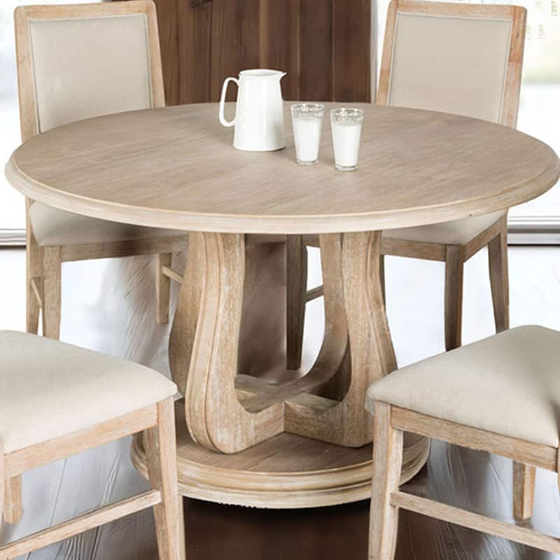 Round Wooden Table with Trestle Tulip Base in Distressed Natural - Distressed Natural
