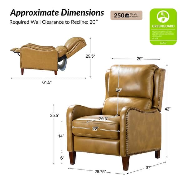 dimension image slide 4 of 19, HULALA HOME Brigida Cigar Genuine Leather Manual Recliner with Nailhead Trim