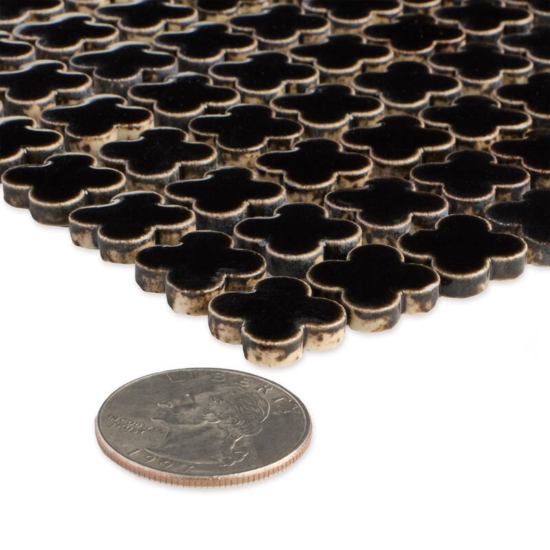 Merola Tile Fioretti Glossy Black 12" x 12" Porcelain Mosaic Floor and Wall Tile