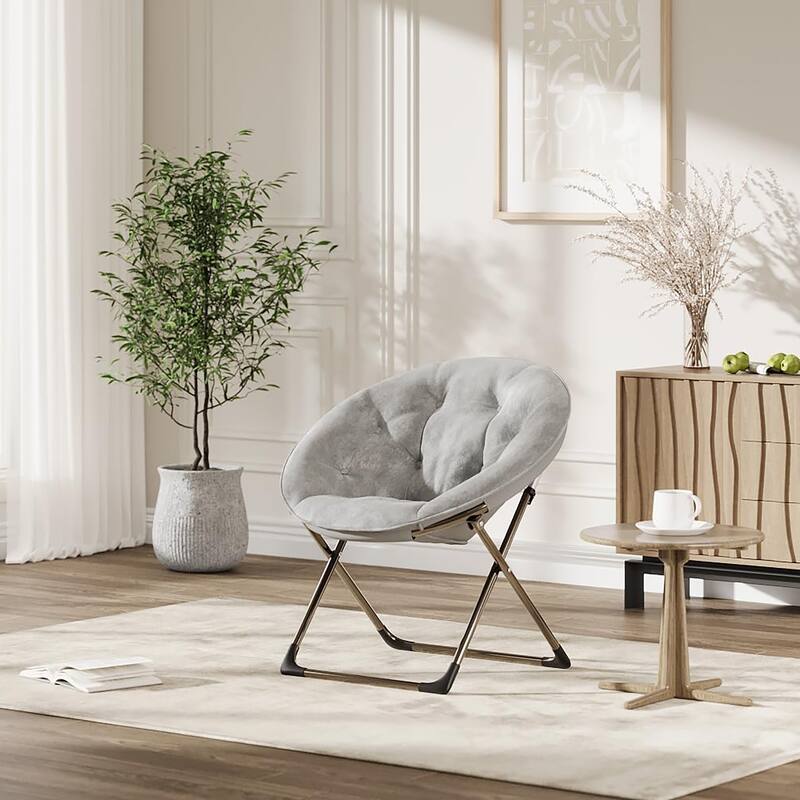 Comfy Folding Saucer Chair for Bedroom, Faux Fur Lounge Moon Chair with Sturdy Metal Frame, Oversized Plush Flower