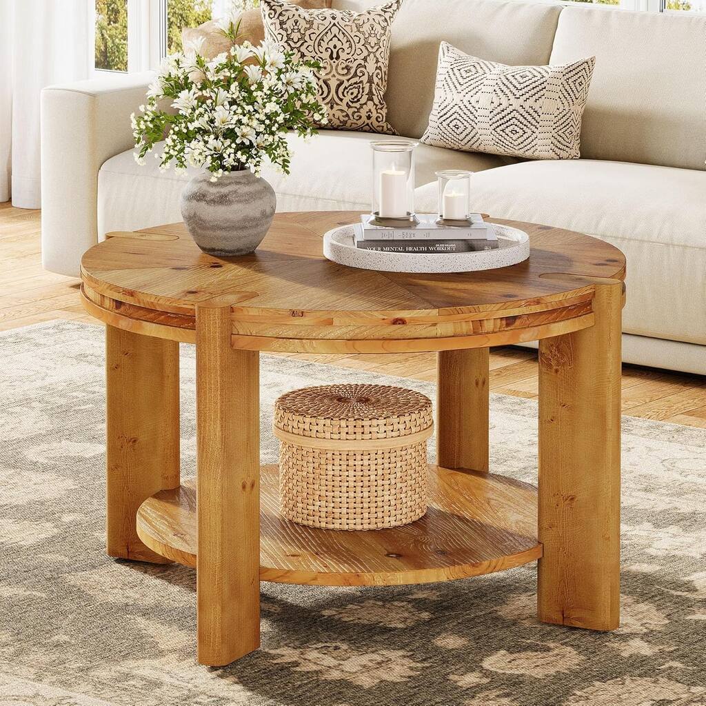 31.5" Round Solid Wood Coffee Table with Storage Shelf for Living Room