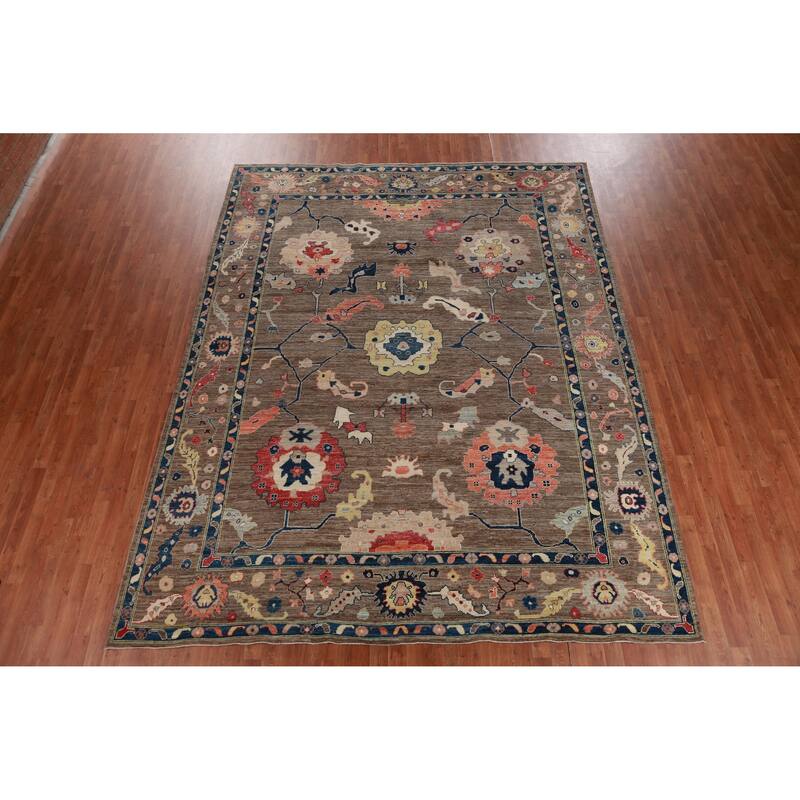 Hand Knotted Oriental 100% Wool Carpet Transitional All-Over Brown Oushak Area Rug - 11' 9'' X 9' 2''