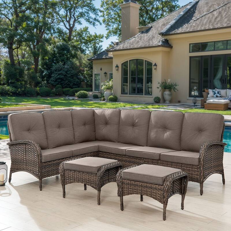 Outdoor L-Shaped Patio Furniture Set with Ottoman - Brown - Grey