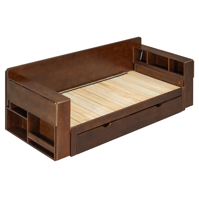 Queen Size Daybed with Removable Desk, Storage Drawers & Hydraulic Side Table