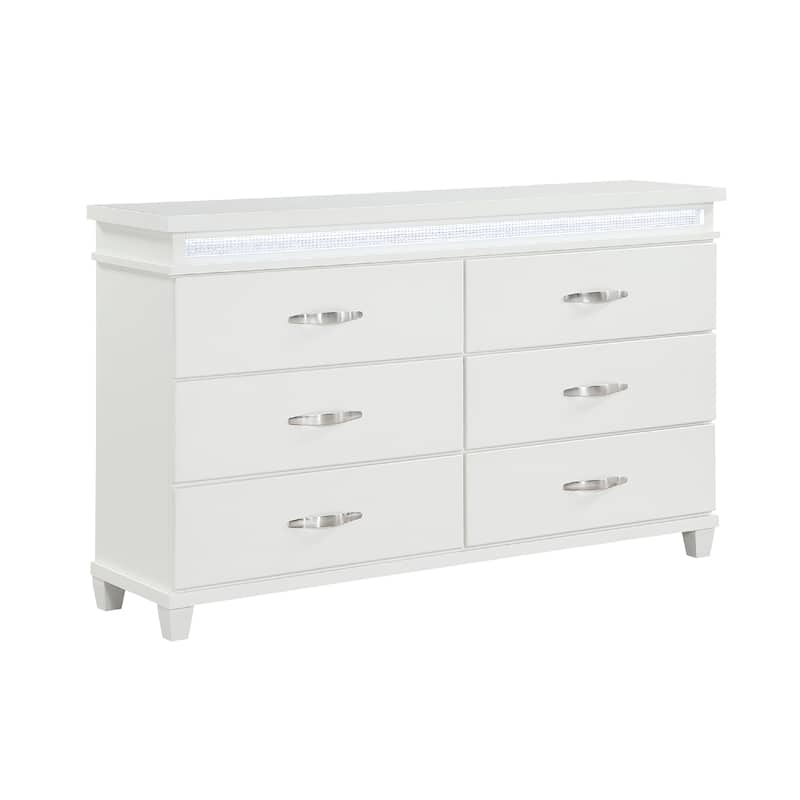 Jisy 64 Inch Wide Dresser 6 Drawers, LED Lights, White Wood, Chrome