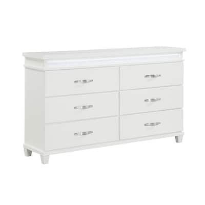 Jisy 64 Inch Wide Dresser 6 Drawers, LED Lights, White Wood, Chrome