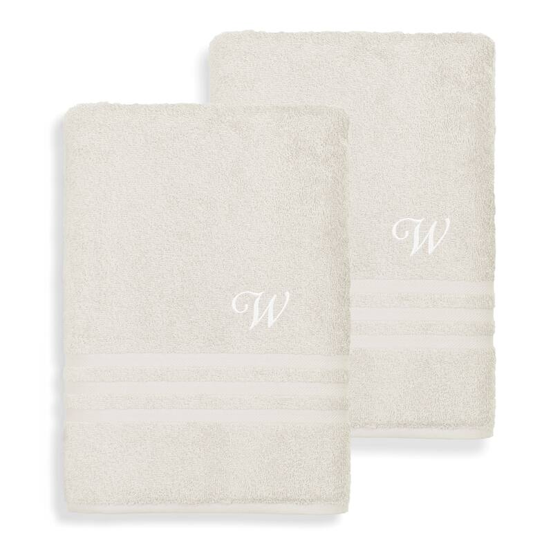 Authentic Hotel and Spa Omni Turkish Cotton Terry Set of 2 Cream Bath Towels with White Script Monogrammed Initial - W