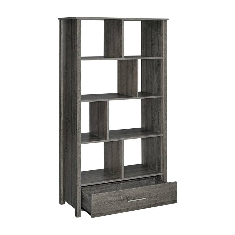 Wim 68 Inch Geometric Bookcase Etagere with 8 Shelves, Weathered Gray