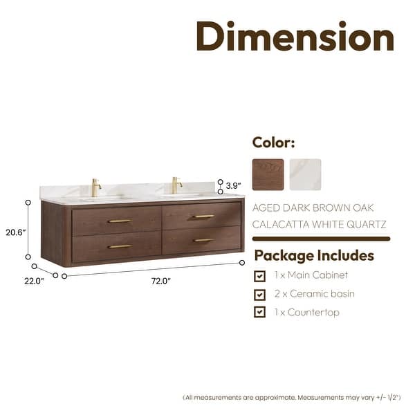 dimension image slide 1 of 10, Cristo Floating Bath Vanity with White Quartz Stone Top without Mirror