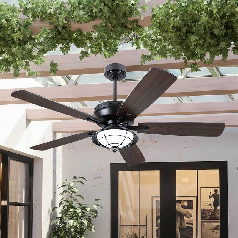 52 Inch Indoor and Outdoor Farmhouse Ceiling Fan with Light DC motor Wooden Blades Waterproof