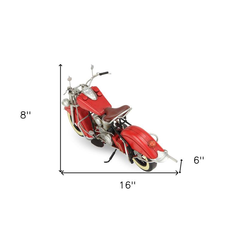 HomeRoots 8" Red and Silver Metal Hand Painted Model Motorcycle - 16' X '8' X '6