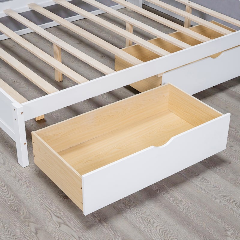 Full Size Wooden Daybed with 2 Storage Drawers, USB Charging Ports, Double-Layer Shelf, Sturdy Slatted Support