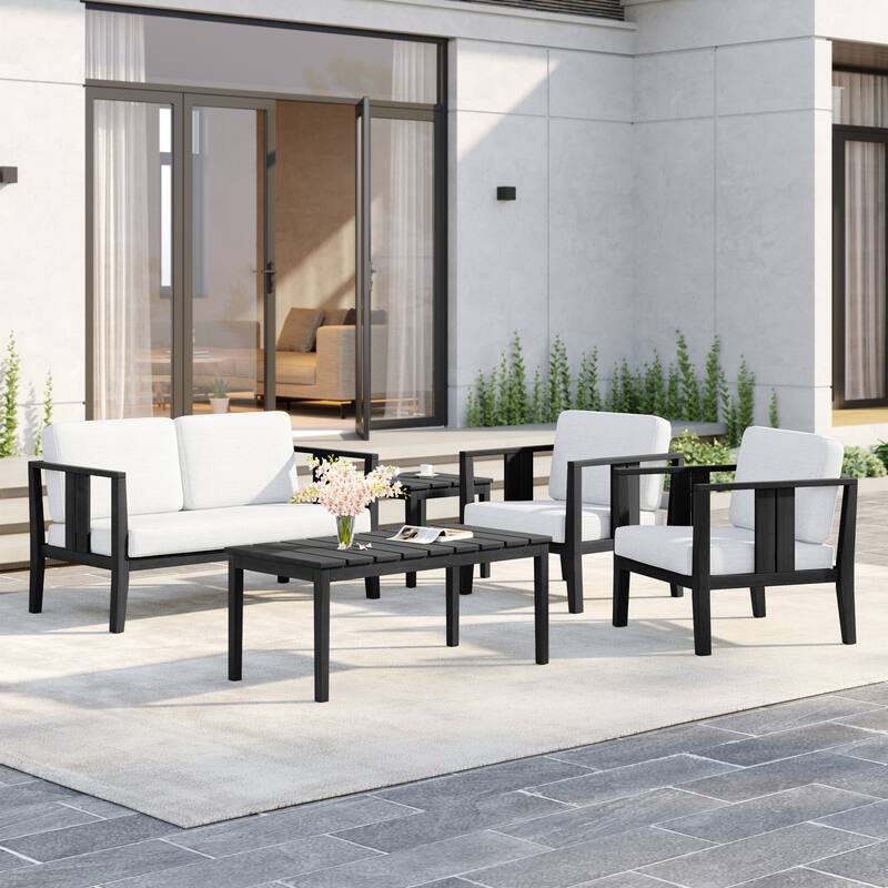 5-Piece Patio Furniture Solid Teak Outdoor Conversation Set - Beige - Blackframe