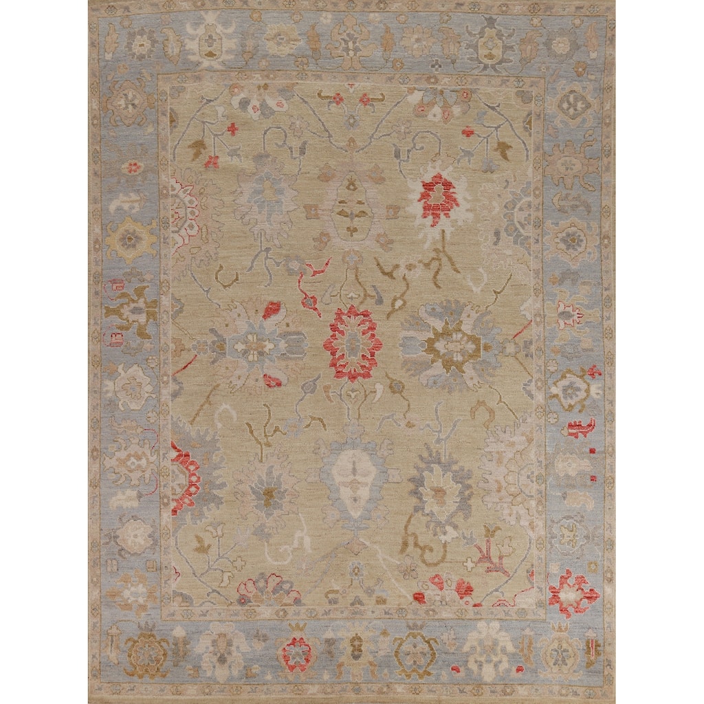 Hand Knotted Oriental 100% Wool Carpet Transitional All-Over Beige & Ivories Oushak Area Rug - 9' 10'' X 7' 9''