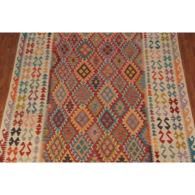 Geometric Kilim Oriental Area Rug Flatweave Wool Carpet - 8'2" x 11'5"