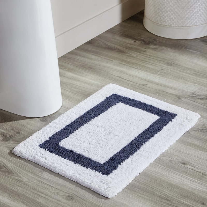 Better Trends Hotel Collection in Race Track 100% Cotton Super Absorbent Reversible Double Sided Machine Washable Bath Mat Rug - 17" x 24" Rectangle - White & Navy