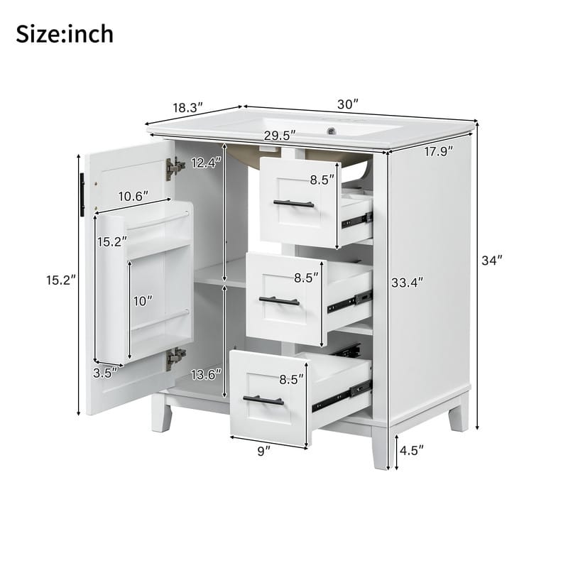 30" Bathroom Vanity with Ceramic Sink, Storage racks, 3 drawers, Soft-close hinges