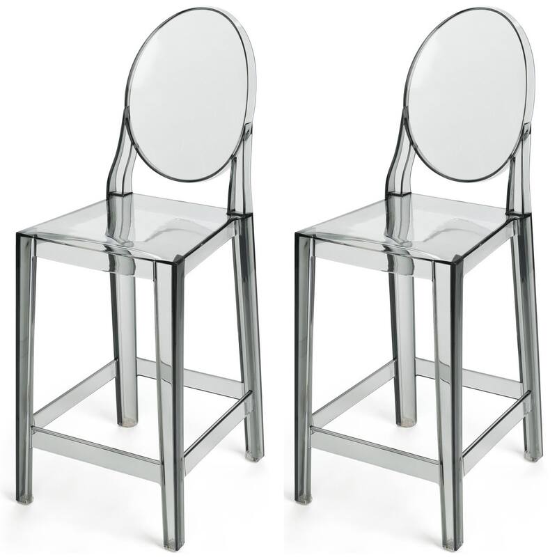 Smoke 25" Counter Height Bar Stools with Back – Stackable Transparent Plastic Chairs for Kitchen, Bar, or Outdoor – Set of 2 - Smoke
