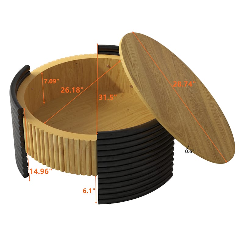 31.5" Modern Round Coffee Table Colorblocked Striped Wood Accent Table with Flip-Top, Center Table with Hidden Storage
