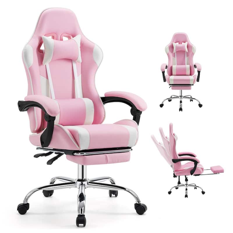 Ergonomic Faux Leather High Back Gaming Chair with Footrest & Linkage Armrests – Black & Gray for Adults - Pink