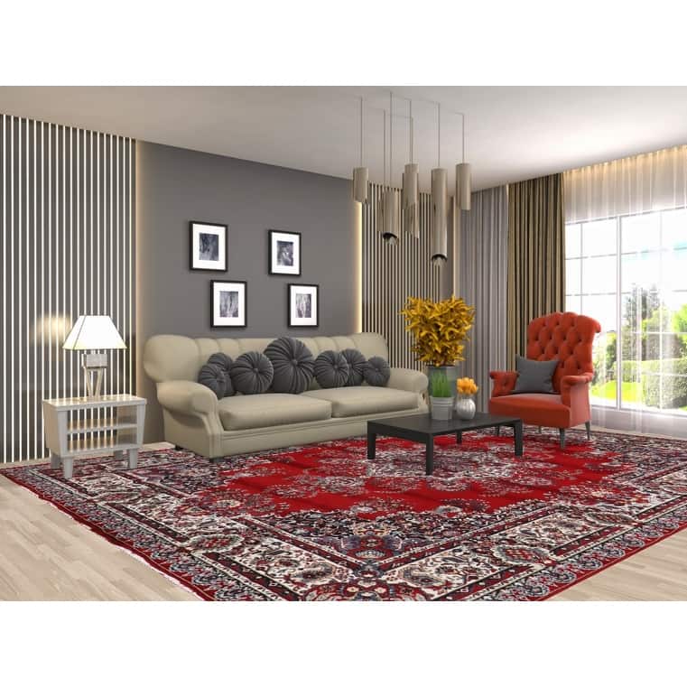 Victorian Style Kashan Turkish Rug Machine Made Oriental Red Carpet - 9'7" x 12'11"