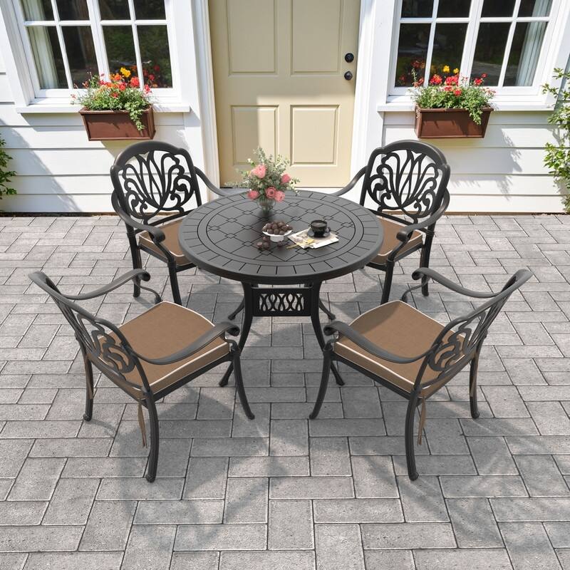 3/5 Piece Cast Aluminum Outdoor Dining Set with 39.37 in. Round Table and Seat Cushions - Black( 5-Piece Sets-A)