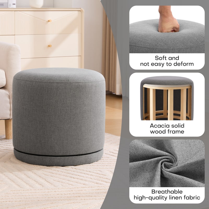 Fully Assembled Linen Round Swivel Ottoman Footstool with Acacia Hardwood Frame
