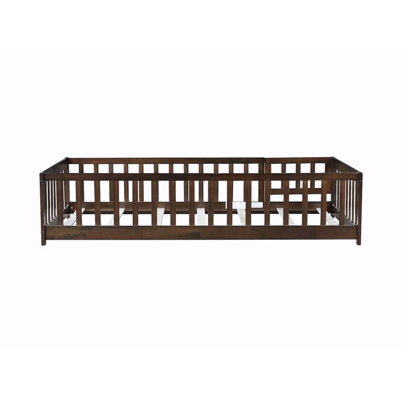 Floor Bed with Fence and Door, Rubber Wood Floor Bed with Safety Guardrails