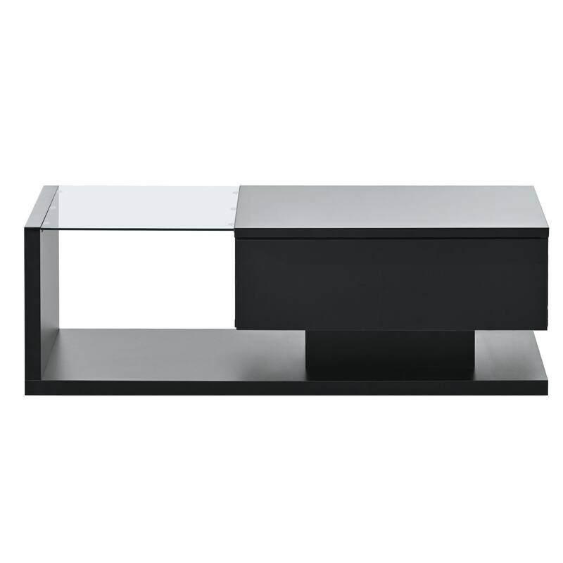 Contemporary Coffee Table with Tempered Glass & Wooden Base, 2-Tier Design, High Gloss UV Surface for Living Room, Black