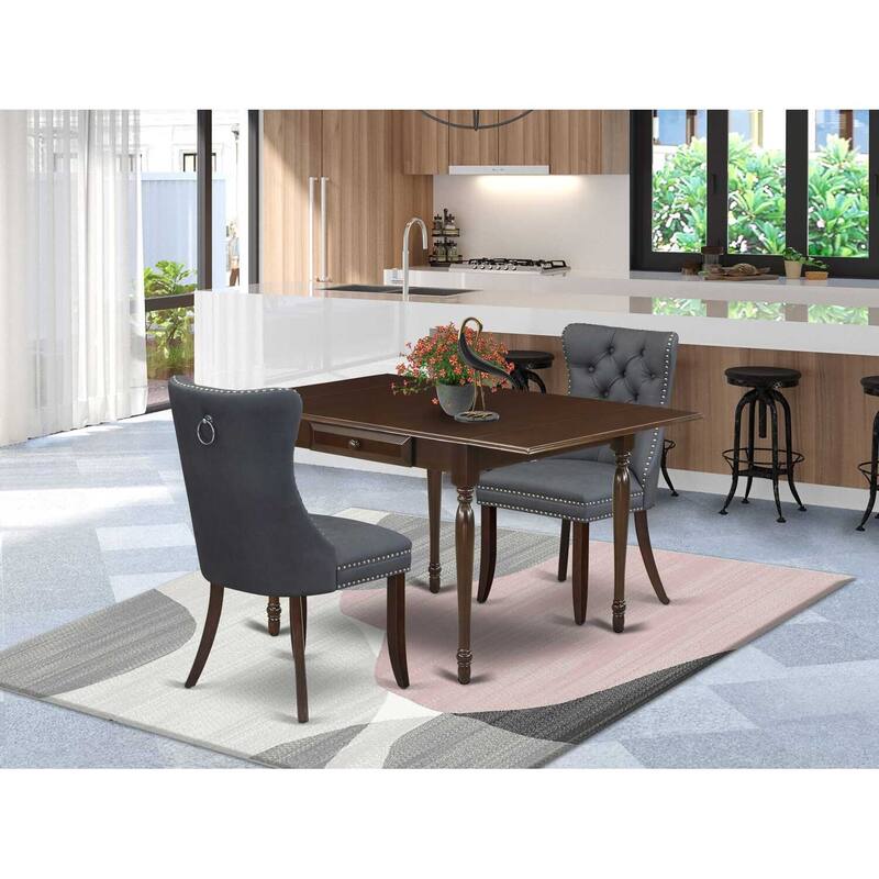 HomeStock 3-Pc Mahogany Finish Rectangular Solid Wood Top with Dropleaf Dining Table Set