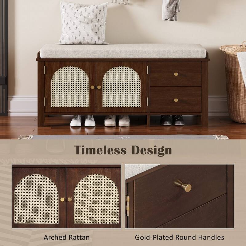 Retro Shoe Storage Bench with Drawers and Cushion for Entryway or Living Room Organization