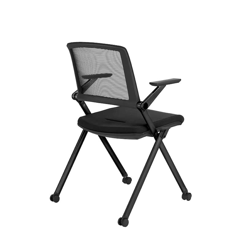 Set of Two Folding and Stacking Black Mesh Rolling Armchairs - 22.84" W x 34.65" H x 22.05" D
